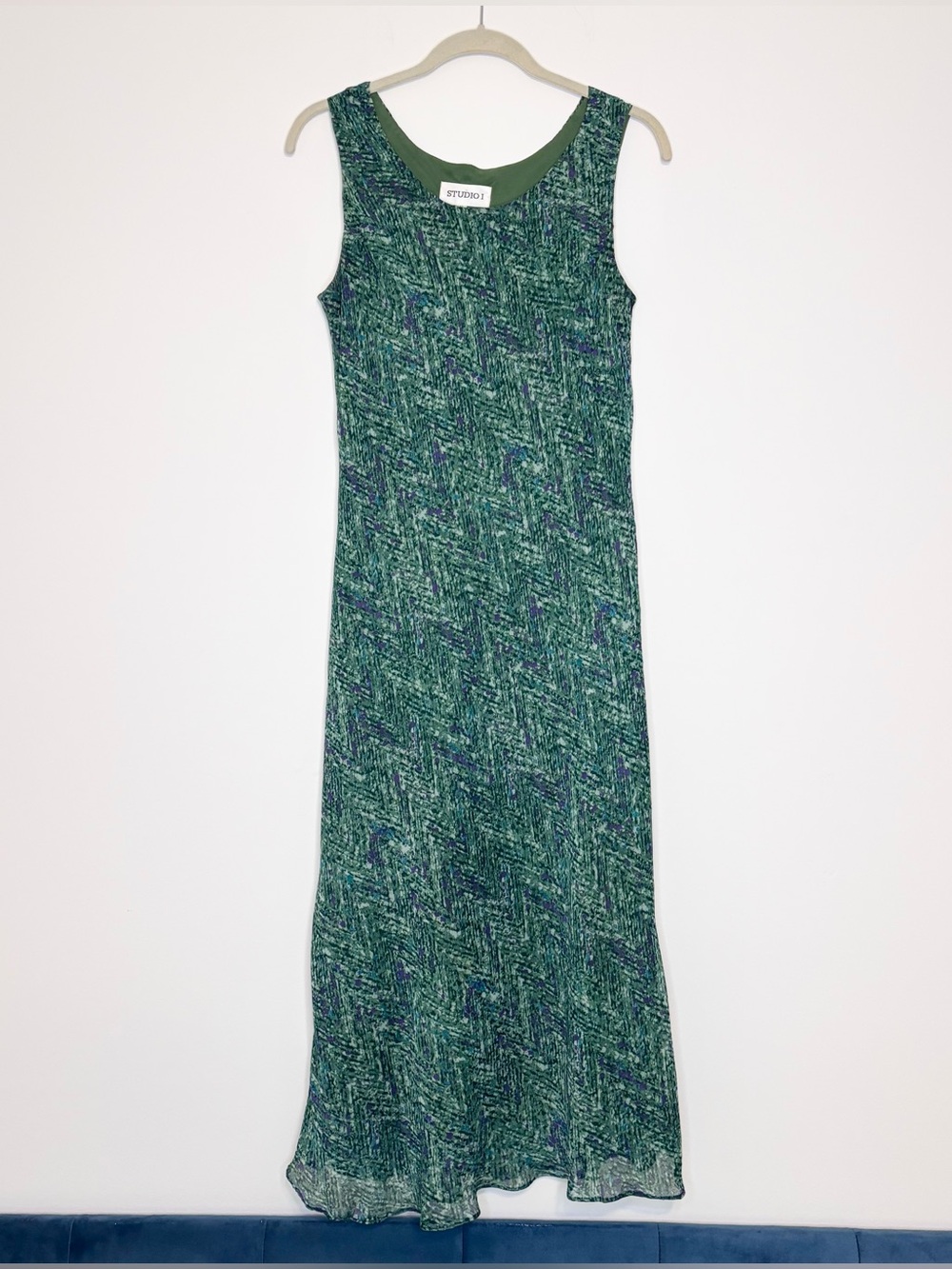 Studio I Chiffon Midi Maxi Shift Dress Green Sleeveless 90s Vintage Boho Size 12